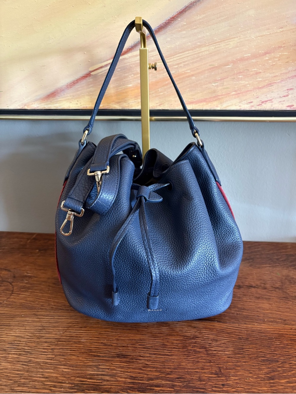 Bally Blyss Grained Leather Bucket Bag Navy Blue Crossbody